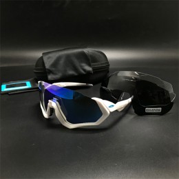 Oakley Flight Jacket Polished White And Dark Blue + Gray And Clear Lens (Free) Sunglasses